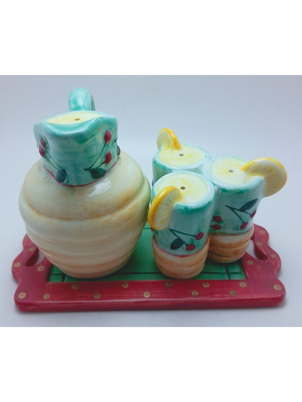 SALT Pepper Shakers PITCHER Glasses Cherry Lemon Design w/ Tray VANDOR 1995
